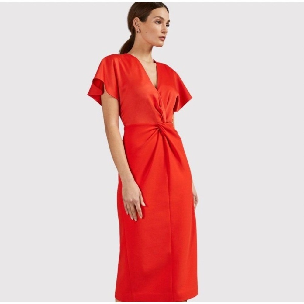 Ted Baker London Red Twist Front Mixed Media Midi Dress Size 3 US 8